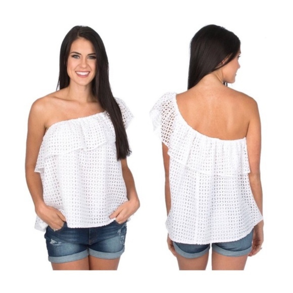 Lauren James white Reagan Ruffle top NWT size medium one shoulder